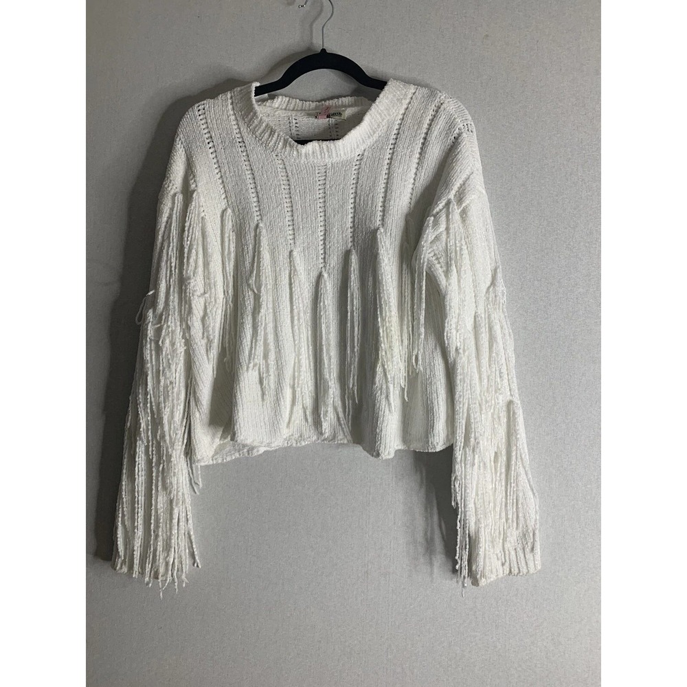 Show Me Your Mumu Carlton Crop Fringe Alpine Knit Sweater Womens M White Boho